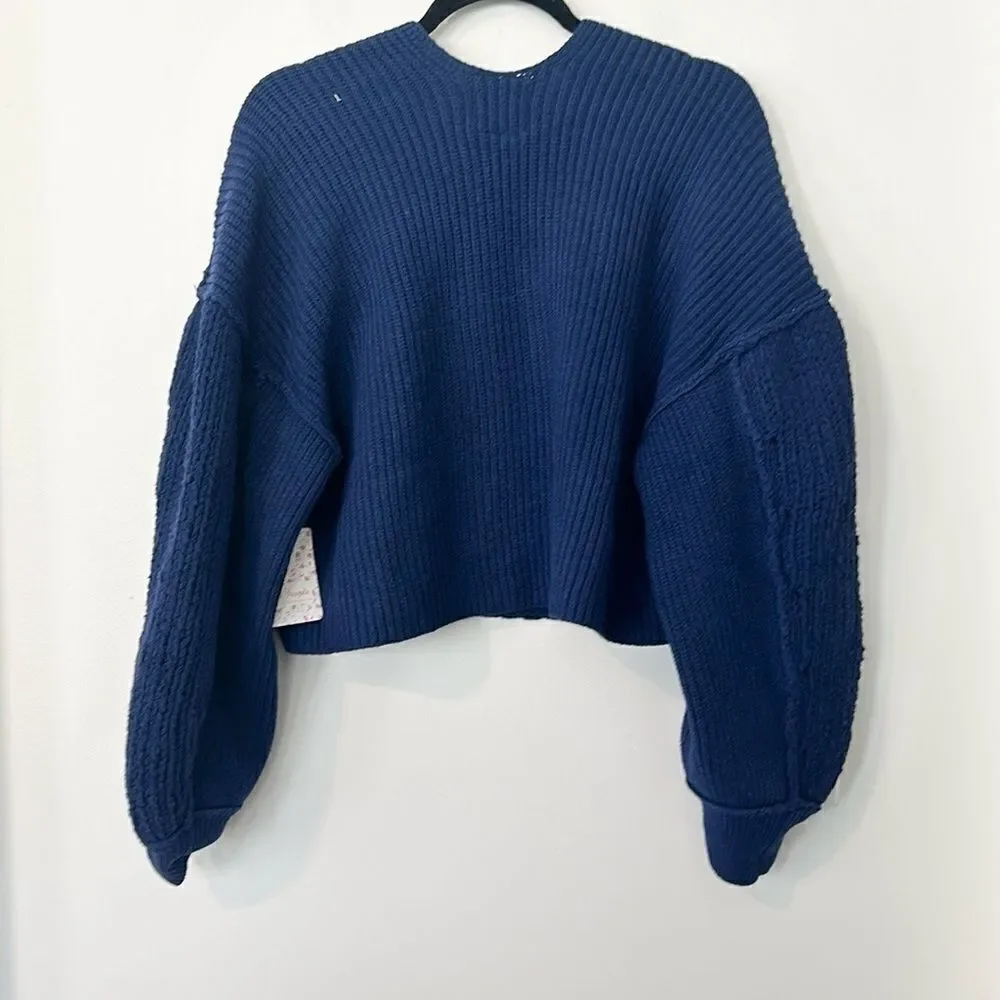 Free People Vanguard Blue Pullover Chunky Knit Cropped Sweater L - Picture 6 of 9